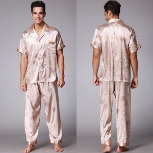 Pyjama homme ensemble de 2 pièces (pantalon long + chemise à manches courtes) en soie artificielle avec motif imprimé