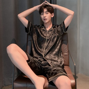 Ensemble de pyjama pour hommes (chemise à manches courtes + shorts) soie glacée