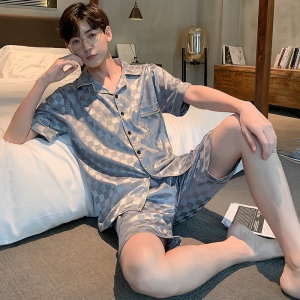 Ensemble de pyjama pour hommes (chemise à manches courtes + shorts) soie glacée