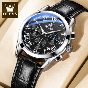 Montre multifonctions OLEVS pour hommes avec bracelet en cuir, étanche et lumineuse