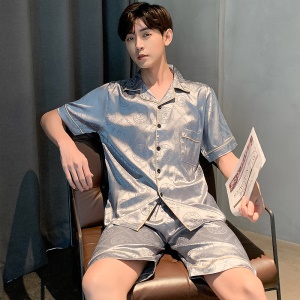 Ensemble de pyjama pour hommes (chemise à manches courtes + shorts) soie glacée