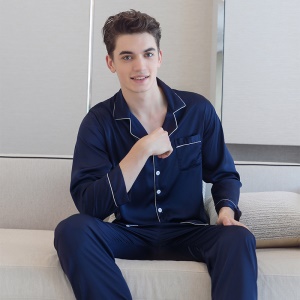 Ensemble pyjama en soie de glace pour couple (revers boutonné à manches longues + pantalon)