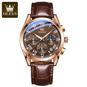 Montre multifonctions OLEVS pour hommes avec bracelet en cuir, étanche et lumineuse