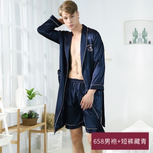 Hommes ensemble de pyjama satin de 2 pièces (pantalon court/long + chemise de nuit à manches longues)