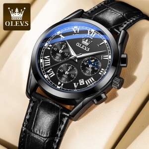 Montre multifonctions OLEVS pour hommes avec bracelet en cuir, étanche et lumineuse