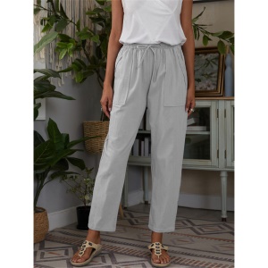 Femme pantalon décontracté en coton et lin avec poches et ceinture élastique