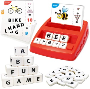 Jouet d'apprentissage pour le développement intellectuel des enfants (1 * base de jeu + 10 * carrés de lettres + 25 * carrés de chiffres + 32 * cartes d'apprentissage recto-verso)