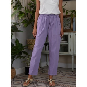 Femme pantalon décontracté en coton et lin avec poches et ceinture élastique