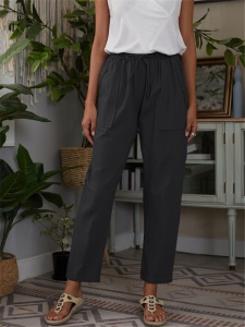 Femme pantalon décontracté en coton et lin avec poches et ceinture élastique