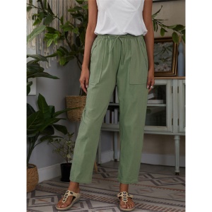 Femme pantalon décontracté en coton et lin avec poches et ceinture élastique
