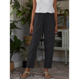 Femme pantalon décontracté en coton et lin avec poches et ceinture élastique