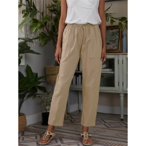 Femme pantalon décontracté en coton et lin avec poches et ceinture élastique