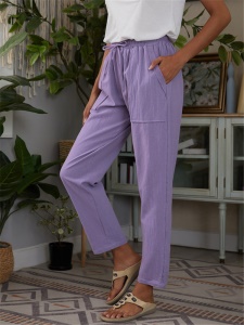 Femme pantalon décontracté en coton et lin avec poches et ceinture élastique