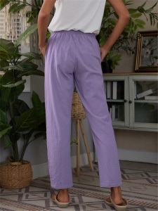 Femme pantalon décontracté en coton et lin avec poches et ceinture élastique