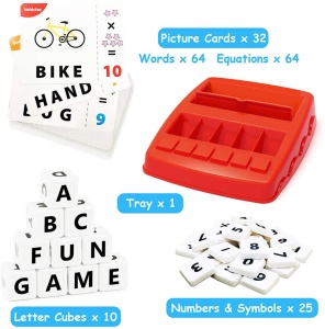 Jouet d'apprentissage pour le développement intellectuel des enfants (1 * base de jeu + 10 * carrés de lettres + 25 * carrés de chiffres + 32 * cartes d'apprentissage recto-verso)