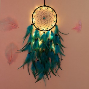 Décoration tenture mural plume bleu pendentif avec lumières faite à la main