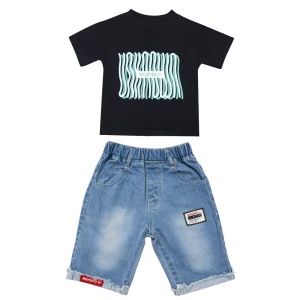 Ensemble de vêtements décontracté pour enfant （T shirt noir imprimé à manches courtes + shorts en jean) en coton