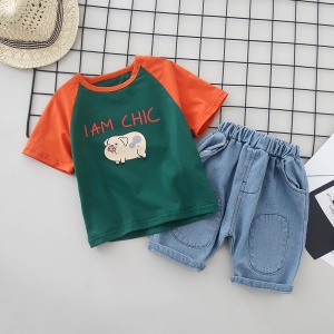 Ensemble de 2 pièces pour enfant garçon（T shirt à manches courts + pantalons Jean mi-longue) en coton