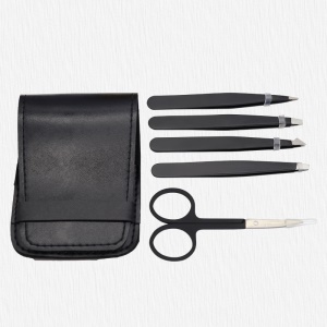 Ensemble de cinq pièces pour la réparation des sourcils en acier inoxydable (4 * clip à sourcils + 1 * ciseaux de beauté + étui en cuir PU)