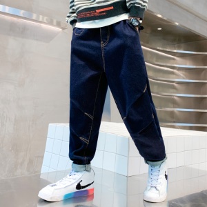 Jeans pour garçons, taille ample en cuir bleu