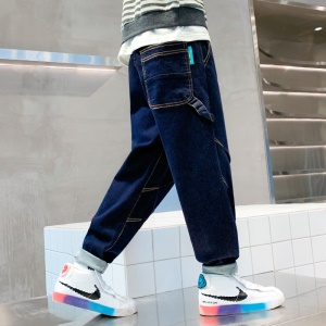 Jeans pour garçons, taille ample en cuir bleu