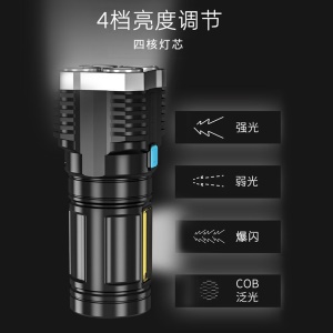 Lampe de poche COB multifonctionnelle à 4 LEDs rechargeable par USB pour la main.