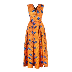 Robe femme africaine avec bretelles imprimées fendues tissu Wax