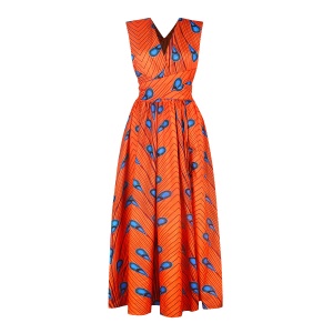 Robe femme africaine avec bretelles imprimées fendues tissu Wax