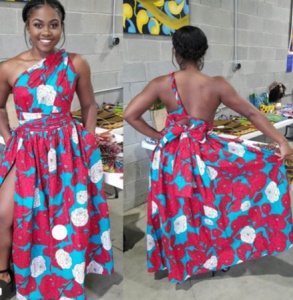 Robe femme africaine avec bretelles imprimées fendues tissu Wax