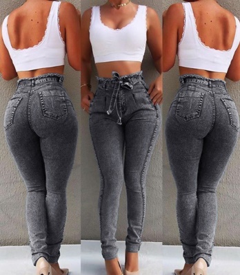Pantalon Jean femme avec Ceinture à franges Taille haute Slim Fit