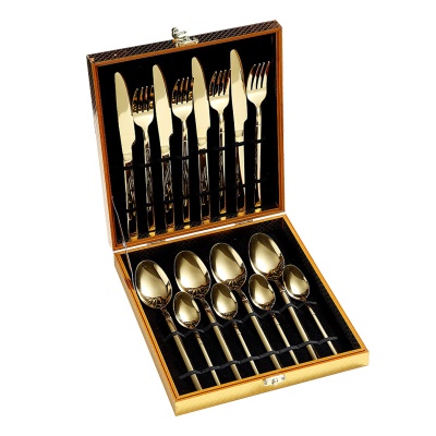 Ensemble de couverts en acier inoxydable poignée carrée couteau fourchette cuillère Set de 16 pièces dans une boîte en bois doré