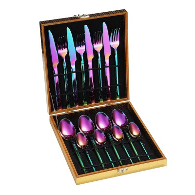 Ensemble de couverts en acier inoxydable poignée carrée couteau fourchette cuillère Set de 16 pièces dans une boîte en bois doré