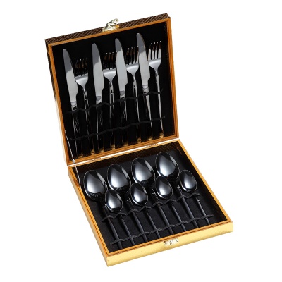 Ensemble de couverts en acier inoxydable poignée carrée couteau fourchette cuillère Set de 16 pièces dans une boîte en bois doré