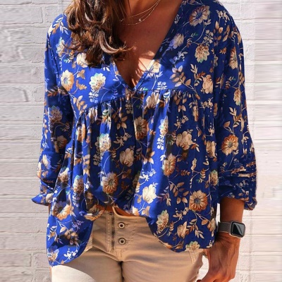 Top haut en Col en V  imprimé manches longues grande taille femme