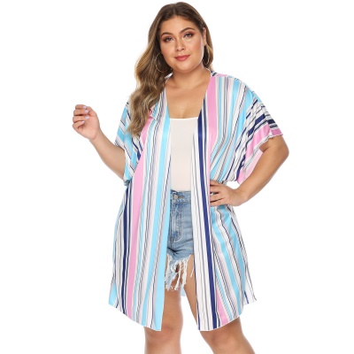 Manteau cardigan rayé grande taille pour femmes