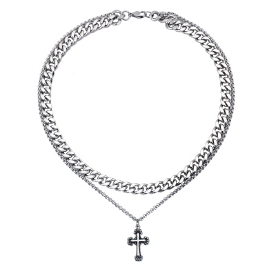 Collier croix en acier titane vintage double couche chaine  pour hommes