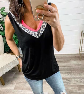 Top Imprimé léopard col V couleur unie grande taille pour les femmes