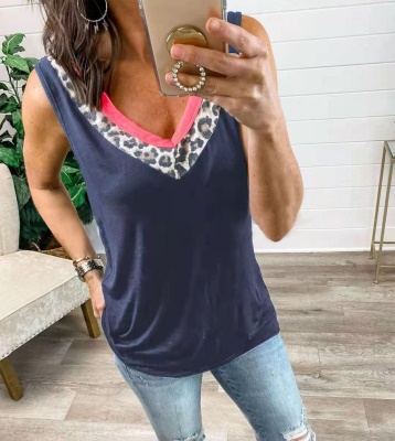 Top Imprimé léopard col V couleur unie grande taille pour les femmes
