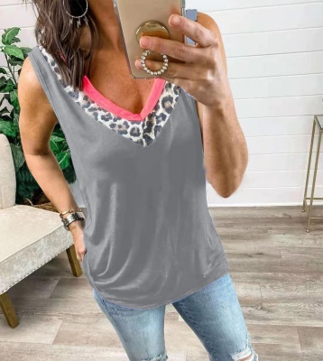 Top Imprimé léopard col V couleur unie grande taille pour les femmes