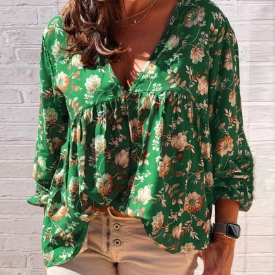 Top haut en Col en V  imprimé manches longues grande taille femme