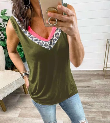 Top Imprimé léopard col V couleur unie grande taille pour les femmes