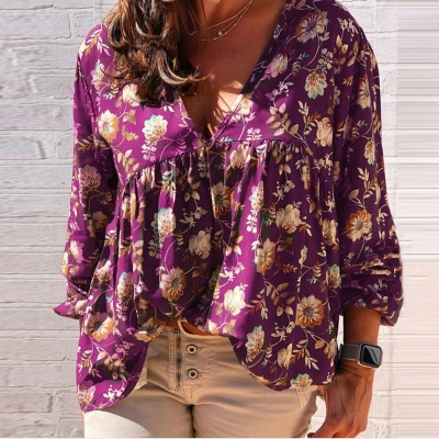 Top haut en Col en V  imprimé manches longues grande taille femme