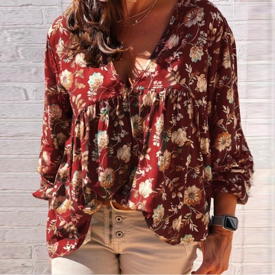 Top haut en Col en V  imprimé manches longues grande taille femme