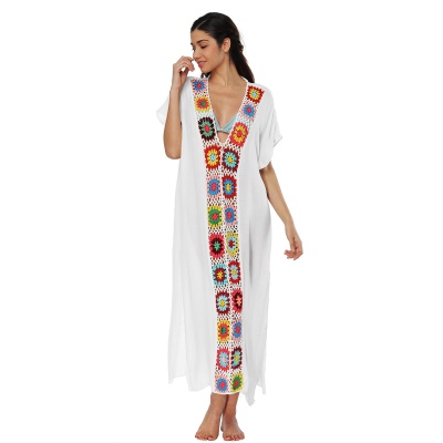 Femme robe main crochet patchwork fendue lâche