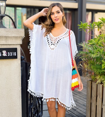 robe main crochet patchwork franges dos ouvert lâche fendue