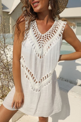 Robe femme crochet main patchwork col V polyester
