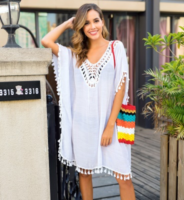 robe main crochet patchwork franges dos ouvert lâche fendue