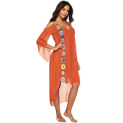 Femme robe main crochet patchwork épaule dénudée irrégulière