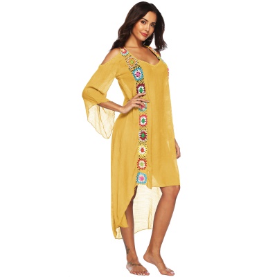 Femme robe main crochet patchwork épaule dénudée irrégulière