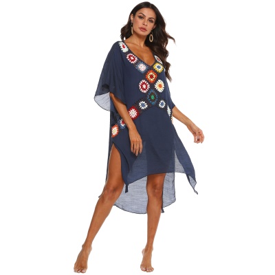 Femme robe main crochet patchwork irrégulier fendue profondeur V